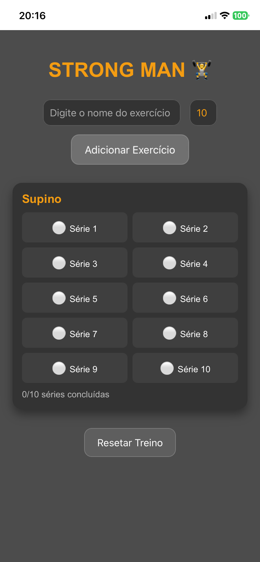 Tela com exercicio e serie
